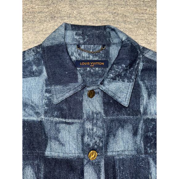 Louis Vuitton Salt Print Denim Blue Damier LV Logo Short Sleeve Button Shirt S - Picture 6 of 16